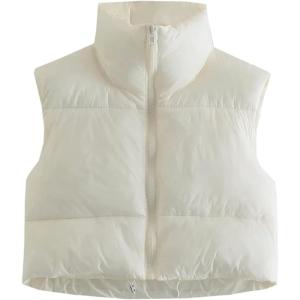 Gihuo Womens Cropped Puffer Vest Winter Crop Vest Lightweight Sleeveless Warm Outerwear Puffer Jacket Padded Gilet(White)