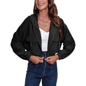 Gihuo Women’s Fashion Cropped Shacket Button Down Corduroy Shacket Jackets Casual Plaid Long Sleeve Crop Jackets Tops(02 Black(hooded))