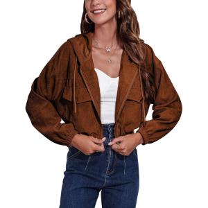Gihuo Women’s Fashion Cropped Shacket Button Down Corduroy Shacket Jackets Casual Plaid Long Sleeve Crop Jackets Tops(02 Brown(hooded))