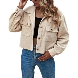 Gihuo Women’s Fashion Cropped Shacket Button Down Corduroy Shacket Jackets Casual Plaid Long Sleeve Crop Jackets Tops(Apricot)