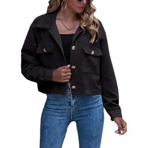 Gihuo Women’s Fashion Cropped Shacket Button Down Corduroy Shacket Jackets Casual Plaid Long Sleeve Crop Jackets Tops(Black)