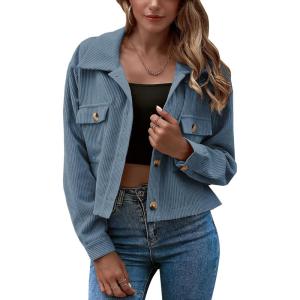 Gihuo Women’s Fashion Cropped Shacket Button Down Corduroy Shacket Jackets Casual Plaid Long Sleeve Crop Jackets Tops(Blue)
