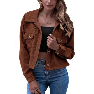 Gihuo Women’s Fashion Cropped Shacket Button Down Corduroy Shacket Jackets Casual Plaid Long Sleeve Crop Jackets Tops(Brown)
