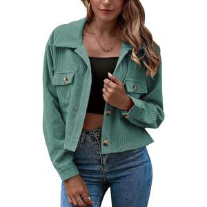 Gihuo Women’s Fashion Cropped Shacket Button Down Corduroy Shacket Jackets Casual Plaid Long Sleeve Crop Jackets Tops(Green)