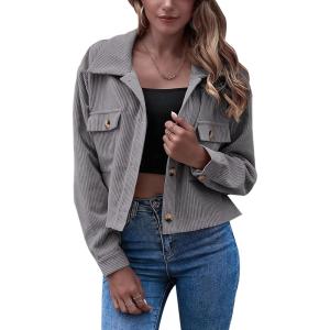 Gihuo Women’s Fashion Cropped Shacket Button Down Corduroy Shacket Jackets Casual Plaid Long Sleeve Crop Jackets Tops(Grey)