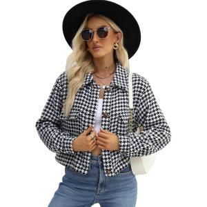 Gihuo Women’s Fashion Cropped Shacket Button Down Corduroy Shacket Jackets Casual Plaid Long Sleeve Crop Jackets Tops(Houndstooth)
