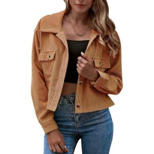 Gihuo Women’s Fashion Cropped Shacket Button Down Corduroy Shacket Jackets Casual Plaid Long Sleeve Crop Jackets Tops(Khaki)