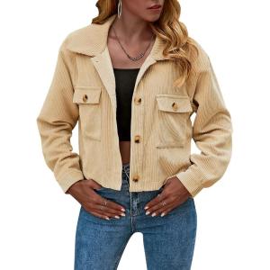 Gihuo Women’s Fashion Cropped Shacket Button Down Corduroy Shacket Jackets Casual Plaid Long Sleeve Crop Jackets Tops(Lightkhaki)