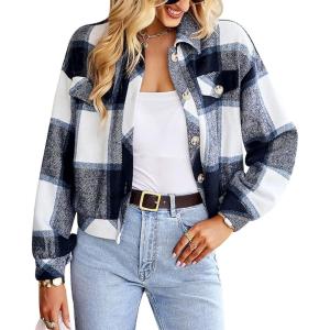 Gihuo Women’s Fashion Cropped Shacket Button Down Corduroy Shacket Jackets Casual Plaid Long Sleeve Crop Jackets Tops(Plaid Blue)