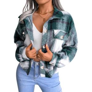 Gihuo Women’s Fashion Cropped Shacket Button Down Corduroy Shacket Jackets Casual Plaid Long Sleeve Crop Jackets Tops(Plaid Green)