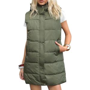 Gihuo Women’s Long Puffer Vest Winter Quilted Hooded Sleeveless Zip Up Long Jacket Vest Gilet(Army Green)