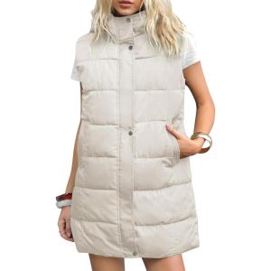 Gihuo Women’s Long Puffer Vest Winter Quilted Hooded Sleeveless Zip Up Long Jacket Vest Gilet(Beige)