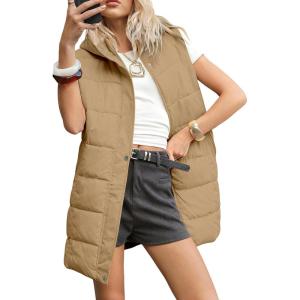 Gihuo Women’s Long Puffer Vest Winter Quilted Hooded Sleeveless Zip Up Long Jacket Vest Gilet(Khaki)