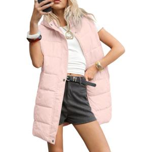 Gihuo Women’s Long Puffer Vest Winter Quilted Hooded Sleeveless Zip Up Long Jacket Vest Gilet(Pink)