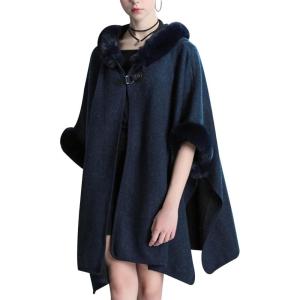 Gihuo Women’s Luxury Batwing Sleeve Faux Fur Hooded Cloak Poncho Sweater Cape(Navy)