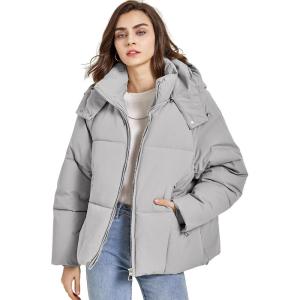 Gihuo Womens Puffer Jacket Winter Warm Coats Hooded Quilted Jackets with Removable Hood(Grey)