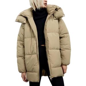 Gihuo Womens Quilted Puffer Coat Hoodie Winter Oversized Mid-Length Padded Down Jacket Warm Heavyweight Bubble Outerwear(Khaki)