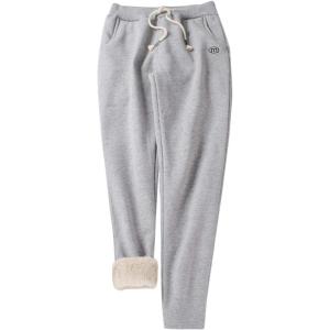 Gihuo Women’s Sherpa Lined Sweatpants Winter Casual Jogger Sweat Pants Warm Athletic Thermal Fleece Lining Lounge Pants(Light Grey)
