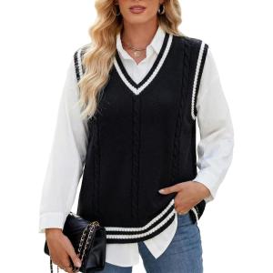 Gihuo Women’s Sweater Vest V Neck Uniform Sleeveless Knitted School JK Pullover Tops Classic(Black)