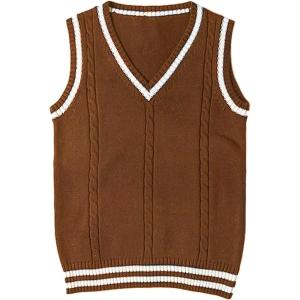Gihuo Women’s Sweater Vest V Neck Uniform Sleeveless Knitted School JK Pullover Tops Classic(Brown)