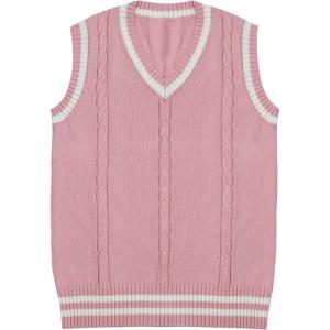 Gihuo Women’s Sweater Vest V Neck Uniform Sleeveless Knitted School JK Pullover Tops Classic(Pink)
