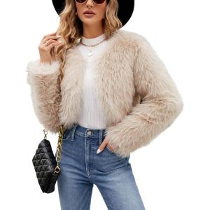 Gihuo Women’s Winter Cropped Faux Fur Coat Long Sleeve Open Front Cardigan Fleece Jackets Shaggy Parka Outerwear(Apricot)