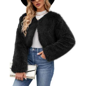 Gihuo Women’s Winter Cropped Faux Fur Coat Long Sleeve Open Front Cardigan Fleece Jackets Shaggy Parka Outerwear(Black)