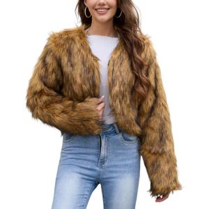 Gihuo Women’s Winter Cropped Faux Fur Coat Long Sleeve Open Front Cardigan Fleece Jackets Shaggy Parka Outerwear(Brown)