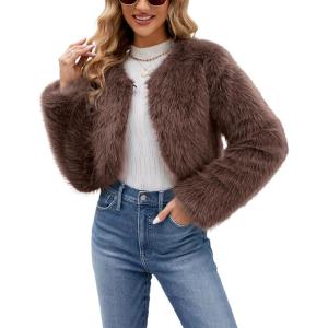 Gihuo Women’s Winter Cropped Faux Fur Coat Long Sleeve Open Front Cardigan Fleece Jackets Shaggy Parka Outerwear(Khaki)