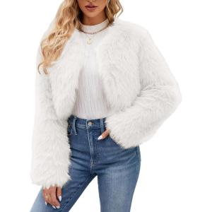 Gihuo Women’s Winter Cropped Faux Fur Coat Long Sleeve Open Front Cardigan Fleece Jackets Shaggy Parka Outerwear(White)