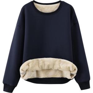 Gihuo Women’s Winter Fleece Sherpa Lined Crewneck Pullover Sweatshirt(02 Navy)