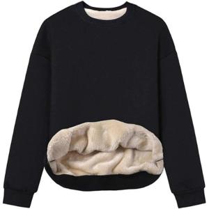 Gihuo Women’s Winter Fleece Sherpa Lined Crewneck Pullover Sweatshirt(Black)