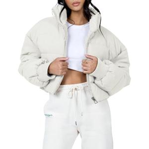 Gihuo Women’s Winter Puffer Jacket Cropped Lightweight Zip Up Padded Coat Oversized Stand Collar Short Quilted Jackets(Beige)
