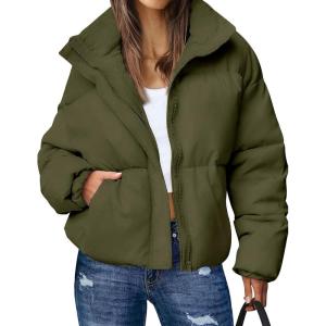 Gihuo Women’s Winter Warm Puffer Jacket Stand Collar Baggy Zip Up Short Quilted Jacket Outerwear(Armygreen)