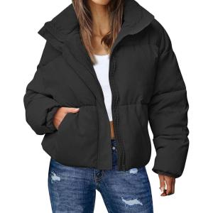 Gihuo Women’s Winter Warm Puffer Jacket Stand Collar Baggy Zip Up Short Quilted Jacket Outerwear(Black)