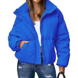 Gihuo Women’s Winter Warm Puffer Jacket Stand Collar Baggy Zip Up Short Quilted Jacket Outerwear(Blue)