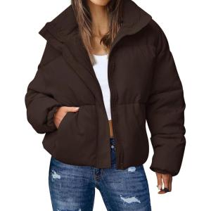 Gihuo Women’s Winter Warm Puffer Jacket Stand Collar Baggy Zip Up Short Quilted Jacket Outerwear(Brown)