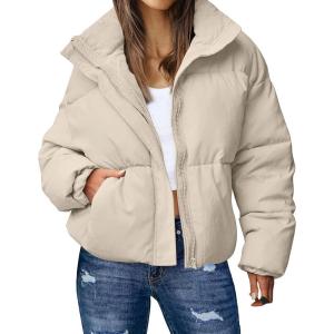 Gihuo Women’s Winter Warm Puffer Jacket Stand Collar Baggy Zip Up Short Quilted Jacket Outerwear(Khaki)