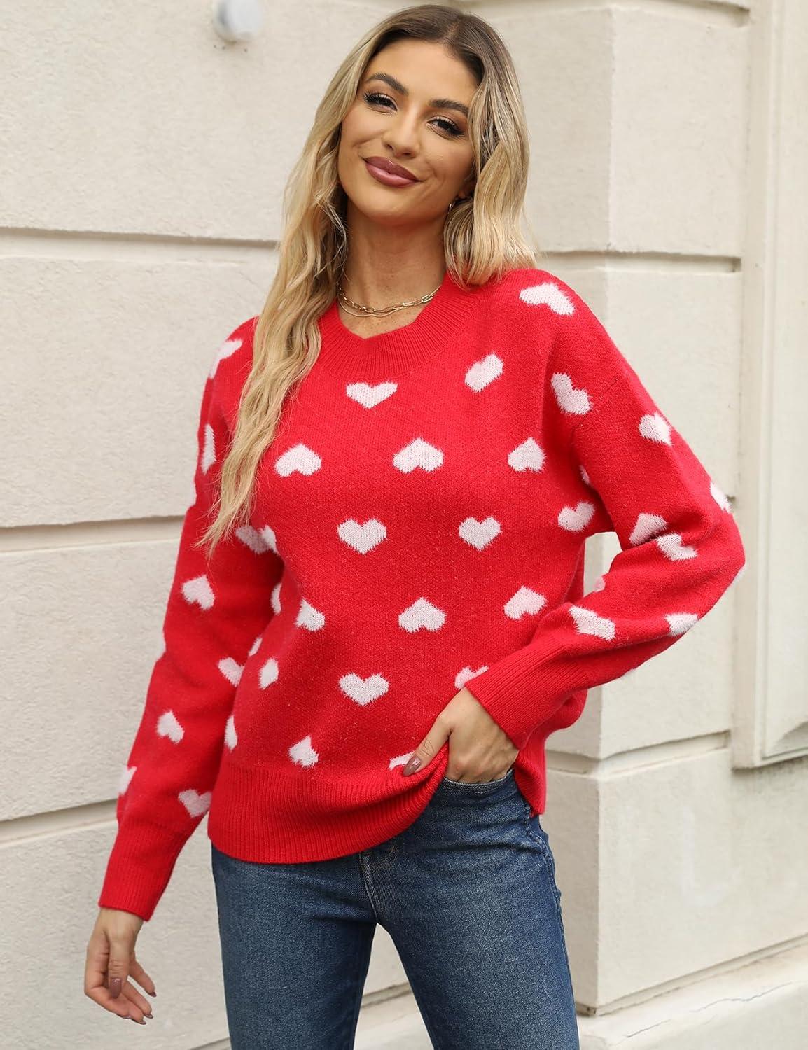 imageGihuo Heart Sweater for Women Cute Kawaii Casual Crewneck Long Sleeve Knitted Pullover SweatersRedS