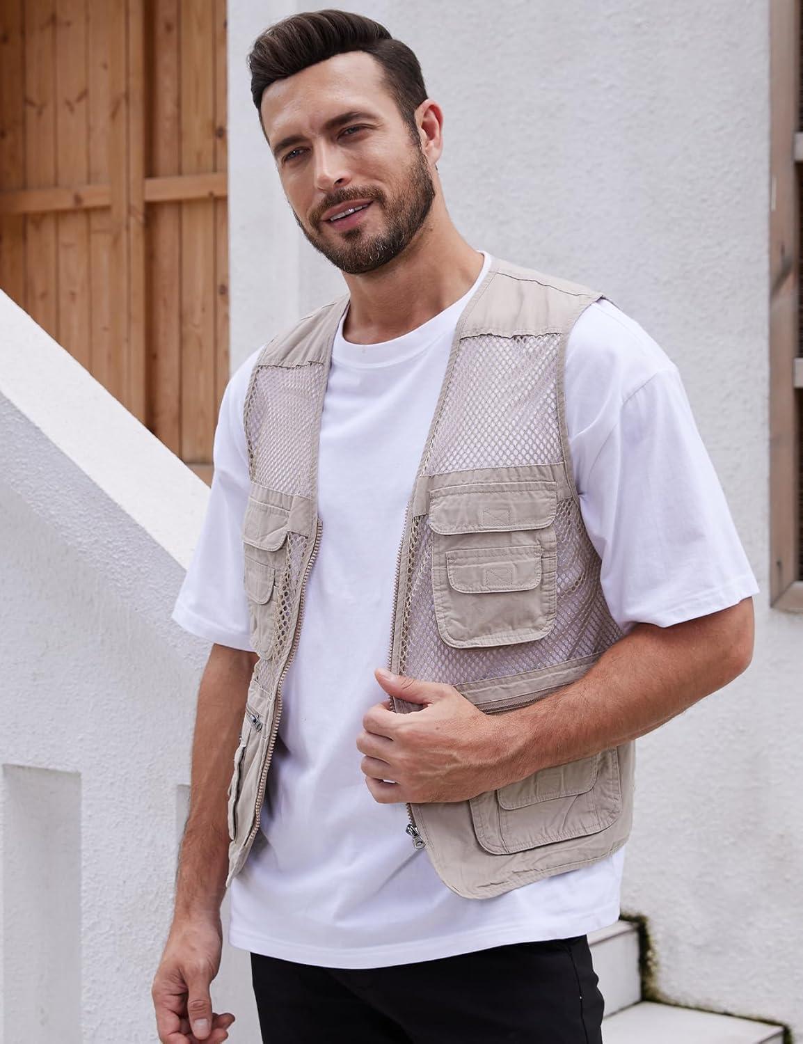 imageGihuo Mens Fishing Safari Vest with Pockets for Summer TravelBeige 02