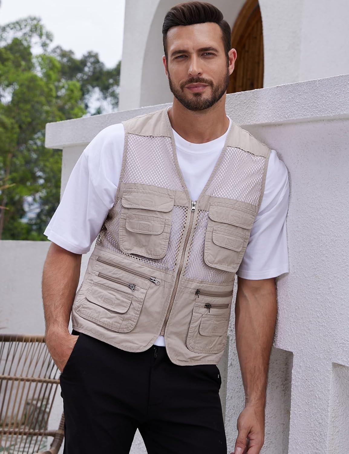 imageGihuo Mens Fishing Safari Vest with Pockets for Summer TravelBeige 02