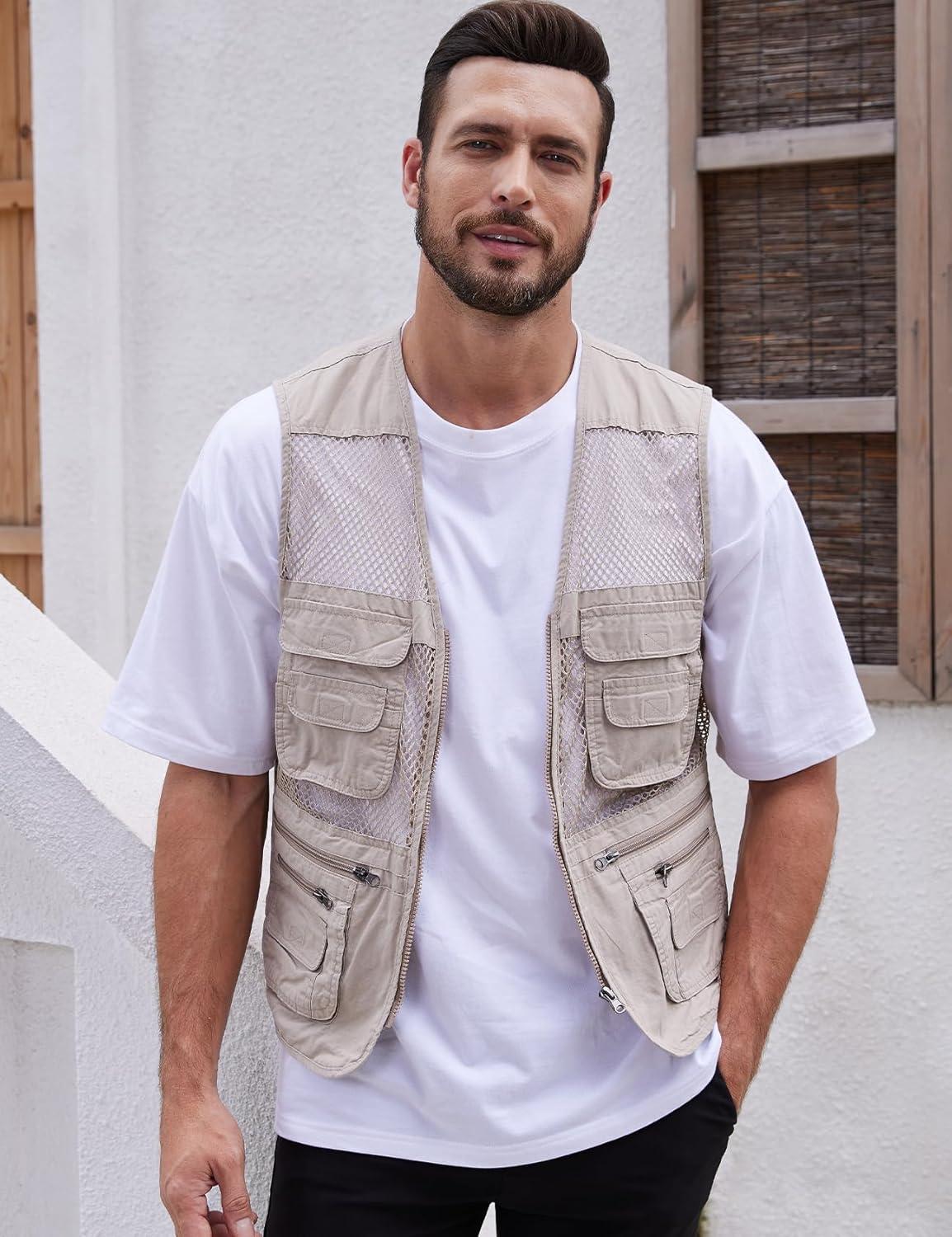 imageGihuo Mens Fishing Safari Vest with Pockets for Summer TravelBeige 02