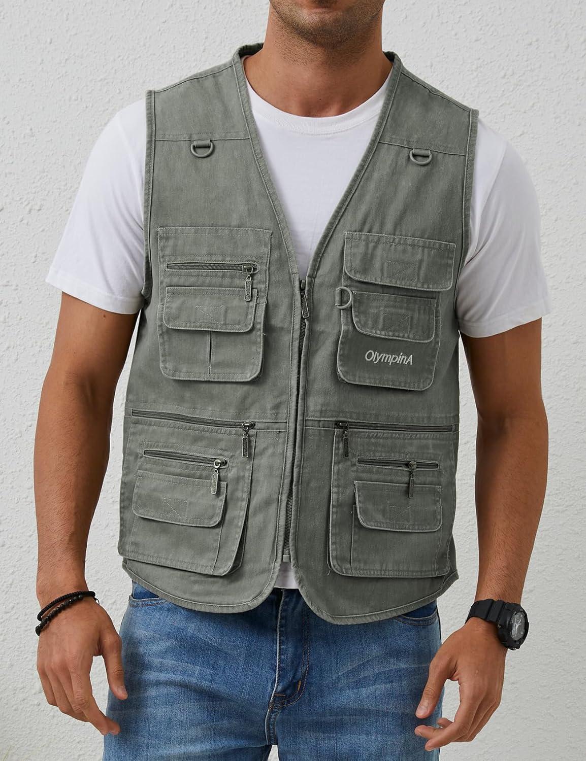 imageGihuo Mens Fishing Vest Casual Utility Travel Safari Cargo Outdoor Work Photo Fly Vest Jacket with Multi PocketsArmy Green