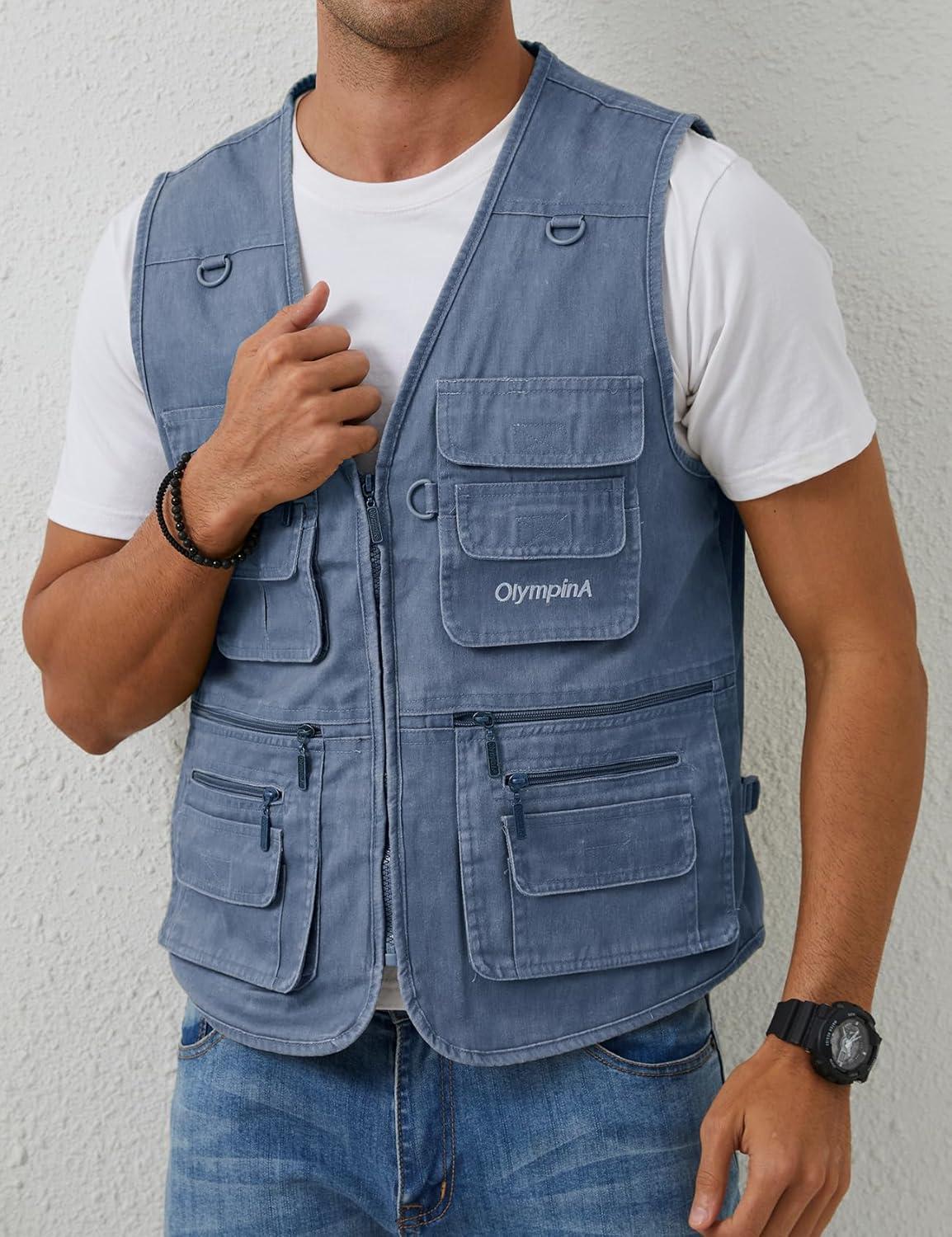 imageGihuo Mens Fishing Vest Casual Utility Travel Safari Cargo Outdoor Work Photo Fly Vest Jacket with Multi PocketsBlue