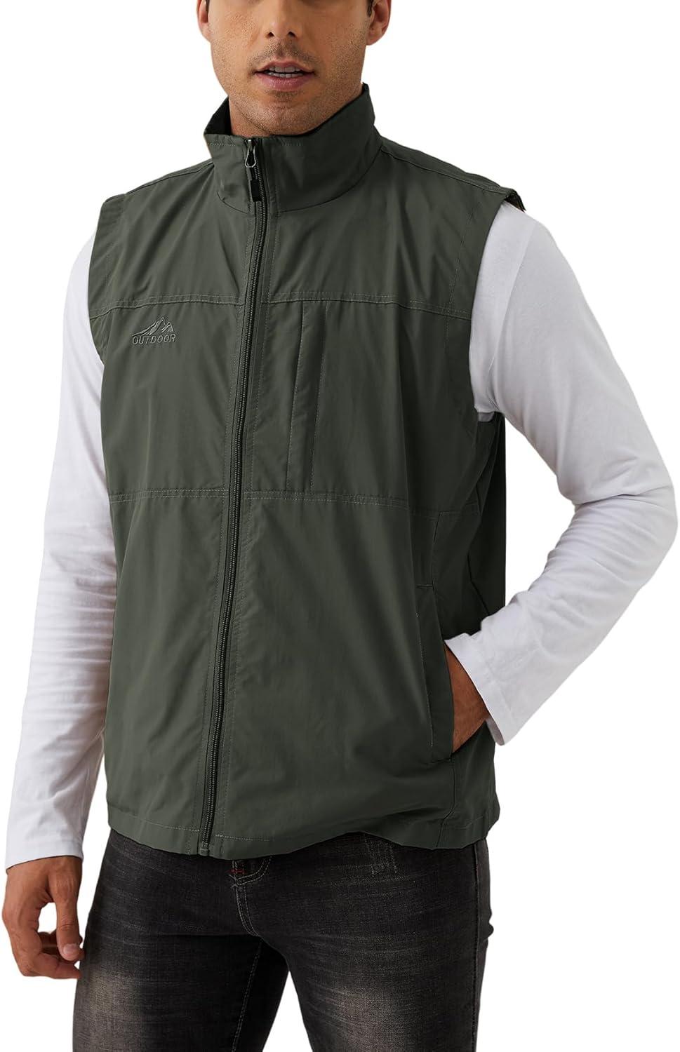imageGihuo Mens Fishing Vest Utility Vest Casual Outdoor Quick Dry Safari Travel Golf Vest Work VestArmygreen