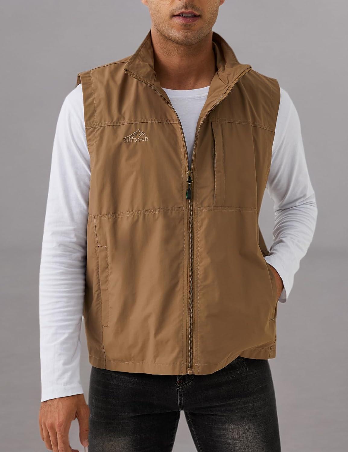 imageGihuo Mens Fishing Vest Utility Vest Casual Outdoor Quick Dry Safari Travel Golf Vest Work VestKhaki