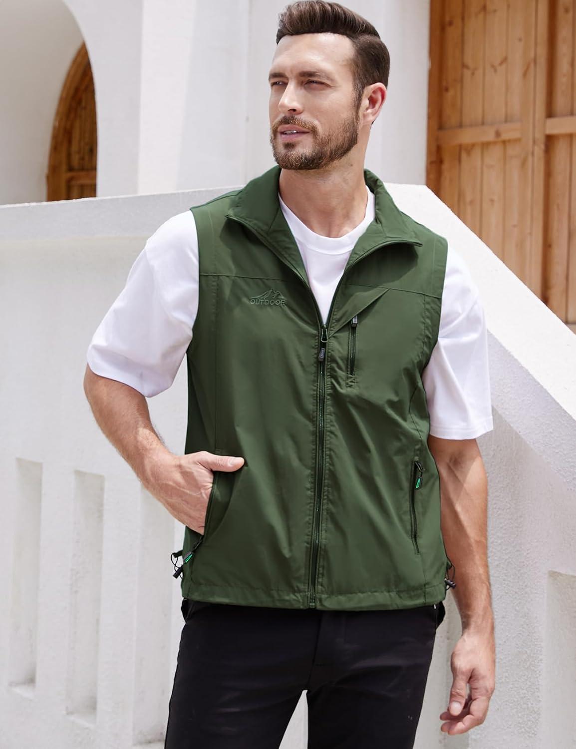 imageGihuo Mens Lightweight Softshell Sleeveless Golf Vest with Zipper Pockets for Travel Hiking Fishing Safari OutwearArmy Green