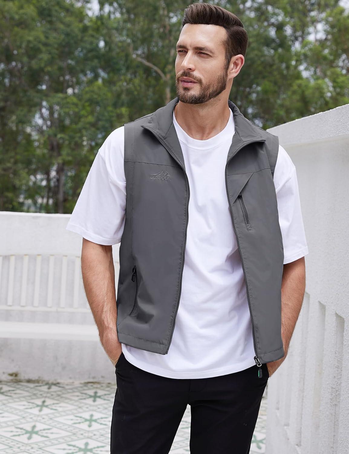 imageGihuo Mens Lightweight Softshell Sleeveless Golf Vest with Zipper Pockets for Travel Hiking Fishing Safari OutwearGrey