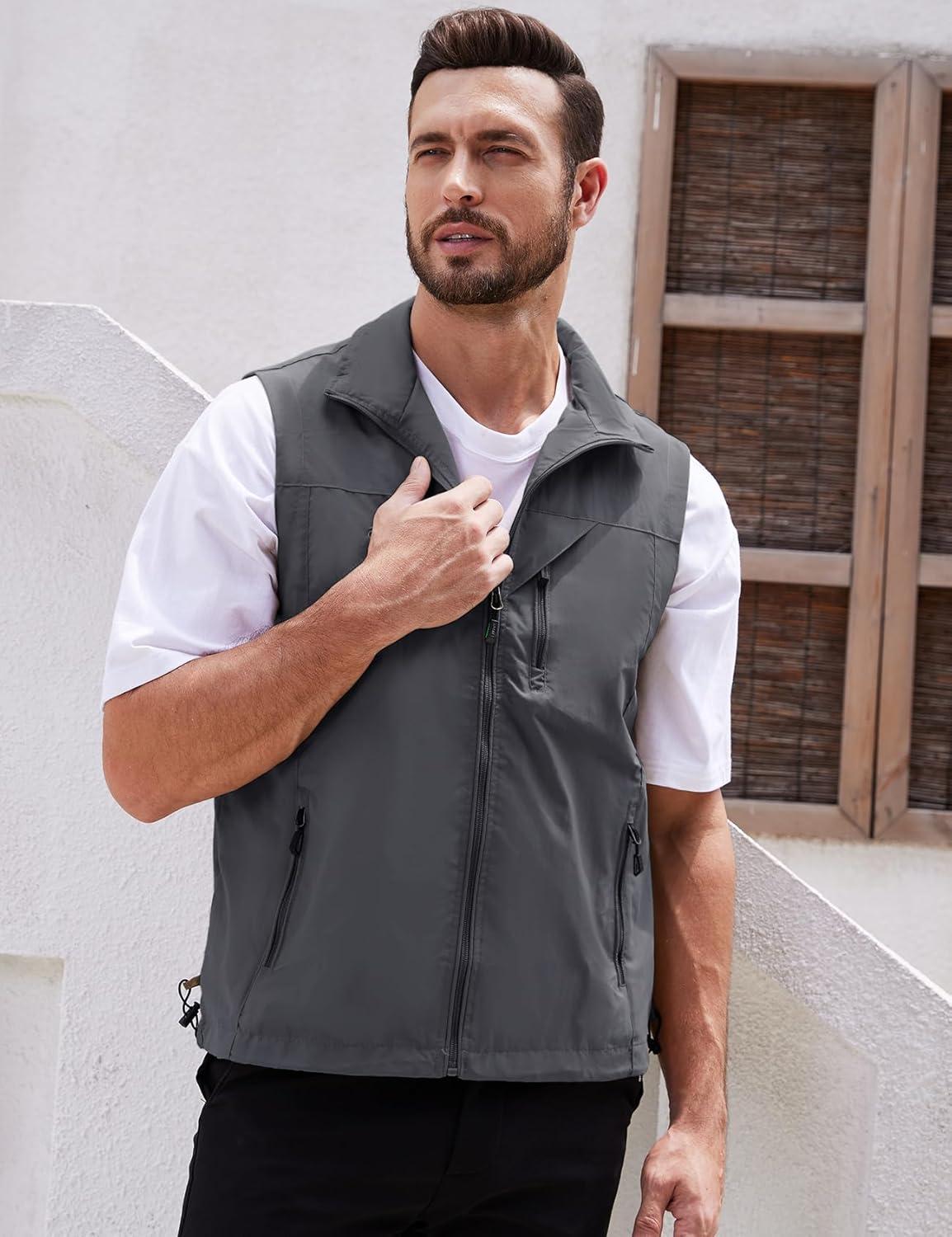 imageGihuo Mens Lightweight Softshell Sleeveless Golf Vest with Zipper Pockets for Travel Hiking Fishing Safari OutwearGrey