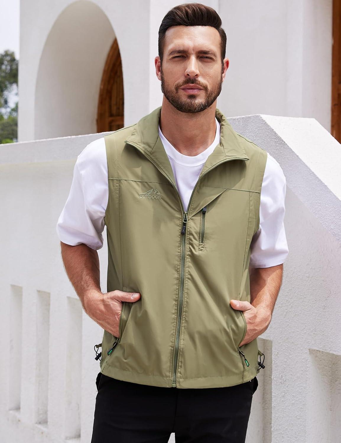 imageGihuo Mens Lightweight Softshell Sleeveless Golf Vest with Zipper Pockets for Travel Hiking Fishing Safari OutwearKhaki